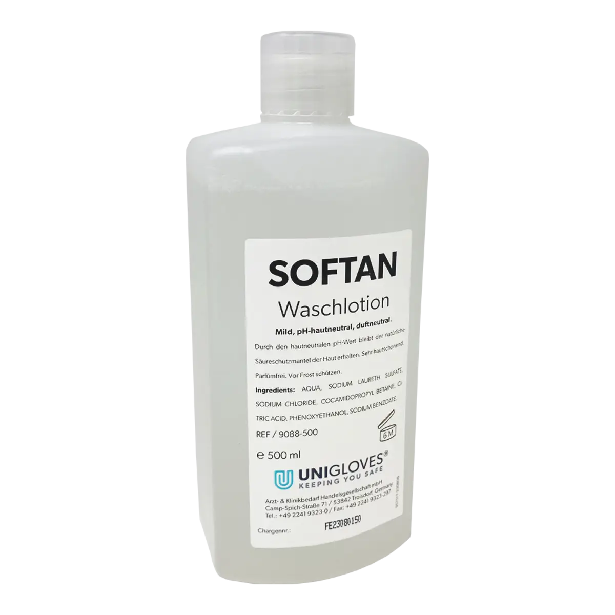 A clear plastic bottle of unigloves softan waschlotion mild ph neutral laundry detergent with white label and black text