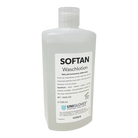 A clear plastic bottle of unigloves softan waschlotion mild ph neutral laundry detergent with white label and black text