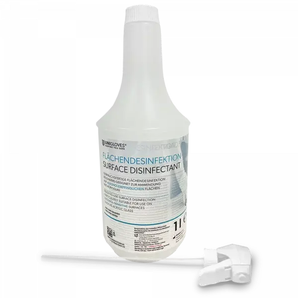 White plastic spray bottle labeled unigloves surface disinfectant alcohol-free with detached white trigger nozzle