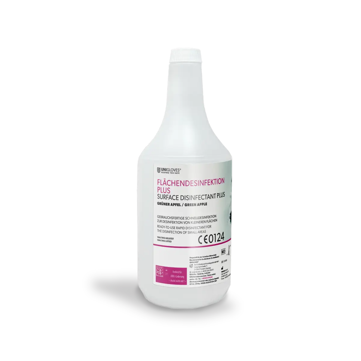 White plastic bottle of unigloves surface disinfectant plus with green apple scent for cleaning surfaces