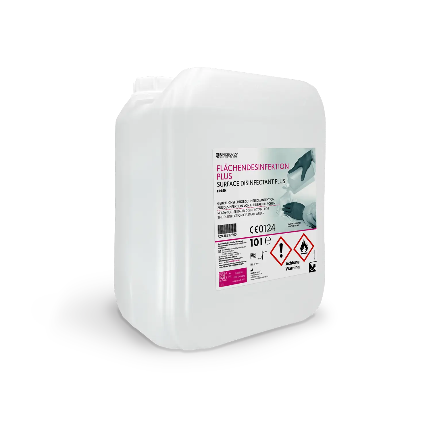 White plastic container of unigloves surface disinfectant plus green apple showing back with safety warnings and barcode