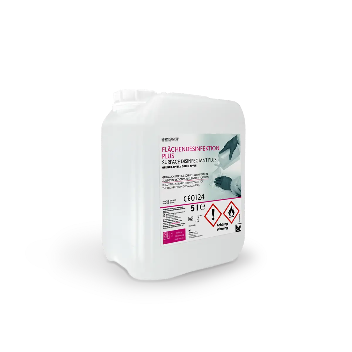 White plastic jug of Unigloves surface disinfectant plus in green apple scent for effective cleaning and sanitizing