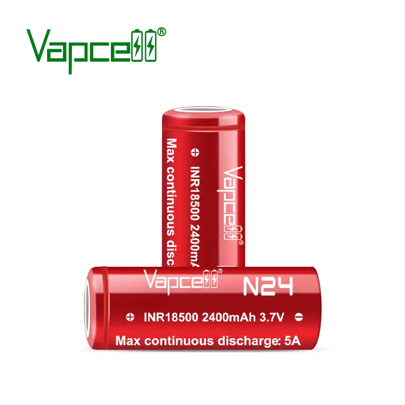 Red vapcell n24 18500 rechargeable batteries with metallic finish and white labeling 2400mah 5a pack of 2