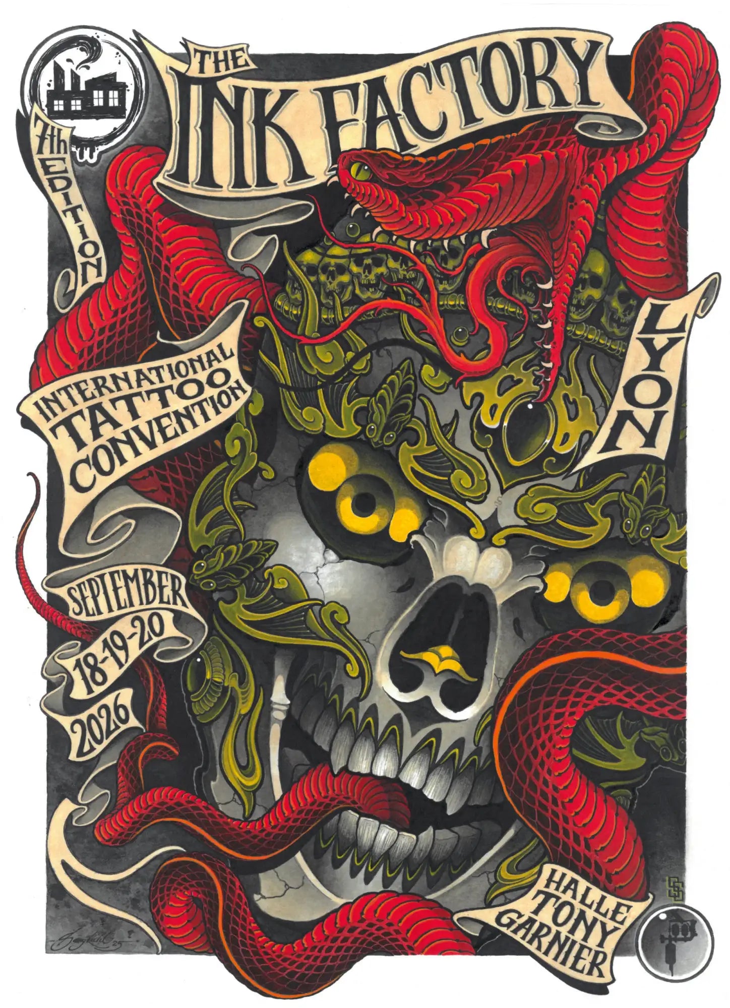 Ein lebendiges, detailreich illustriertes Poster für die internationale Tattoo-Convention der Farbenfabrik in Lyon.
