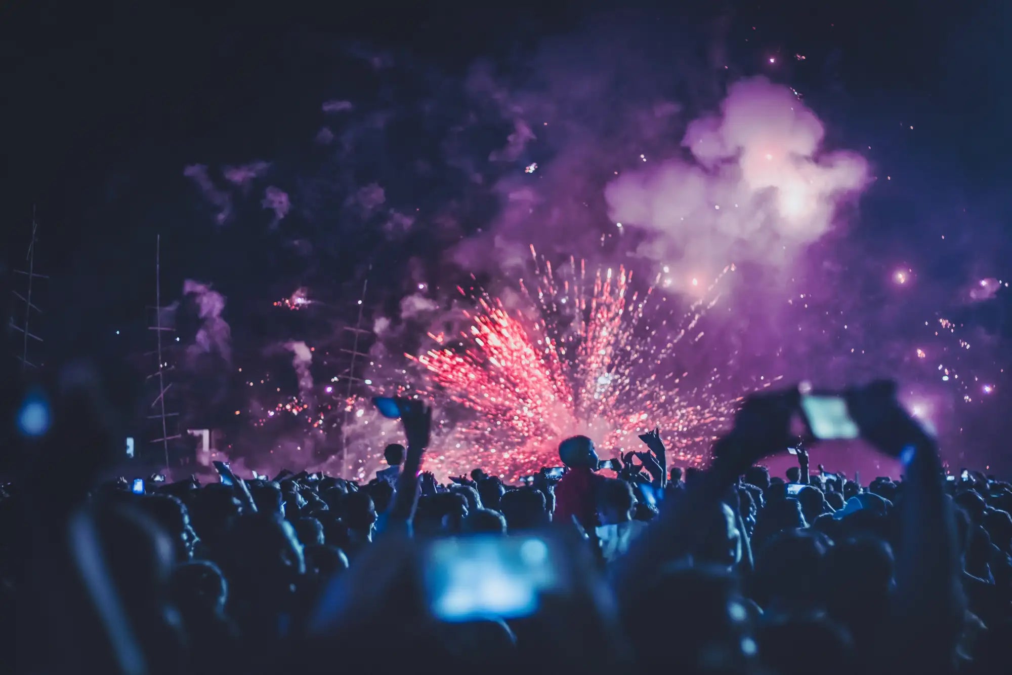 Vibrant purple and red fireworks explode in a dazzling display above a crowd of spectators.