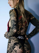 Black VICE ATTITUDE bodysuit with intricate full-body tattoo-style gray and red patterns shown from the back side