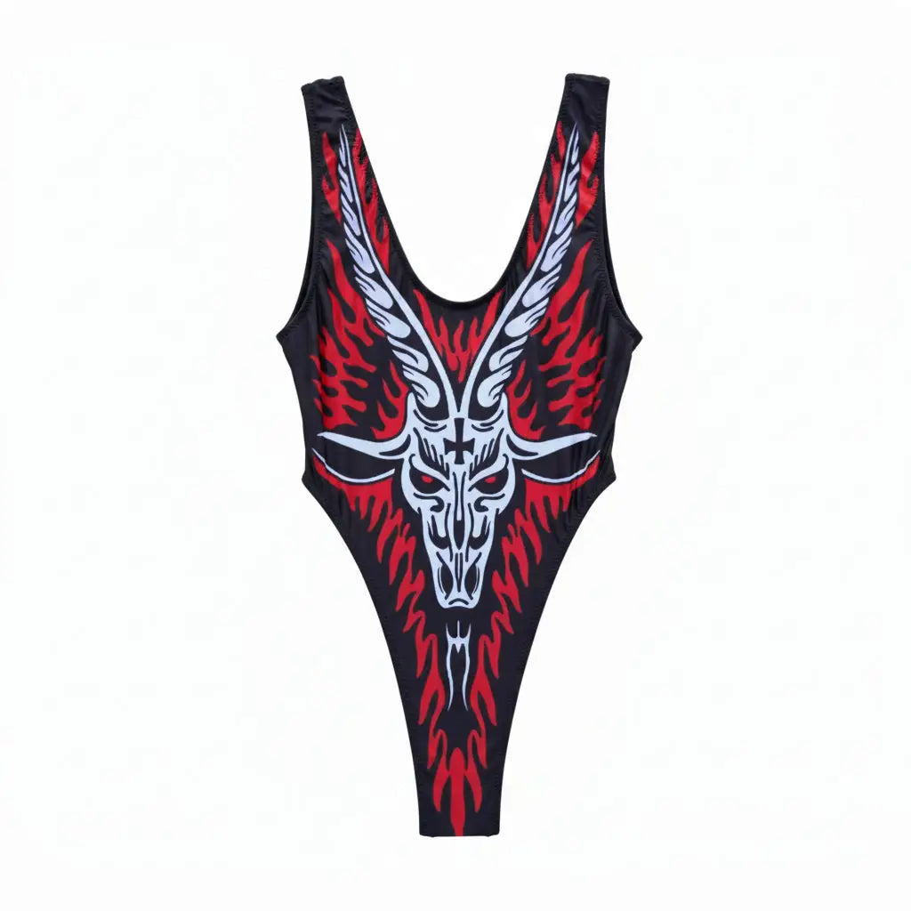 Black one-piece swimsuit with bold red white baphomet skull and flame motifs from Vice Attitude bikini goat collection