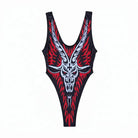 Black one-piece swimsuit with bold red white baphomet skull and flame motifs from Vice Attitude bikini goat collection