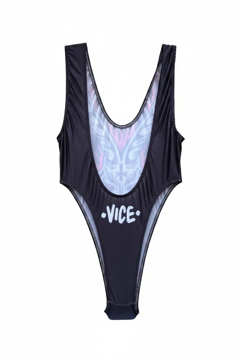 Black one-piece swimsuit with sheer iridescent skull design on back and vice branding on lower torso by bikini goat