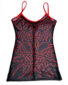 Black sheer mesh tank top with bold red embroidered tribal and flame patterns and thin red straps by vice attitude