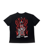 Black short-sleeved t-shirt vice attitude featuring a bold red and white burning church graphic with born to burn text