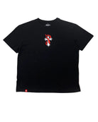 Black short-sleeved VICE ATTITUDE shirt with a red and white flaming cross graphic on the chest