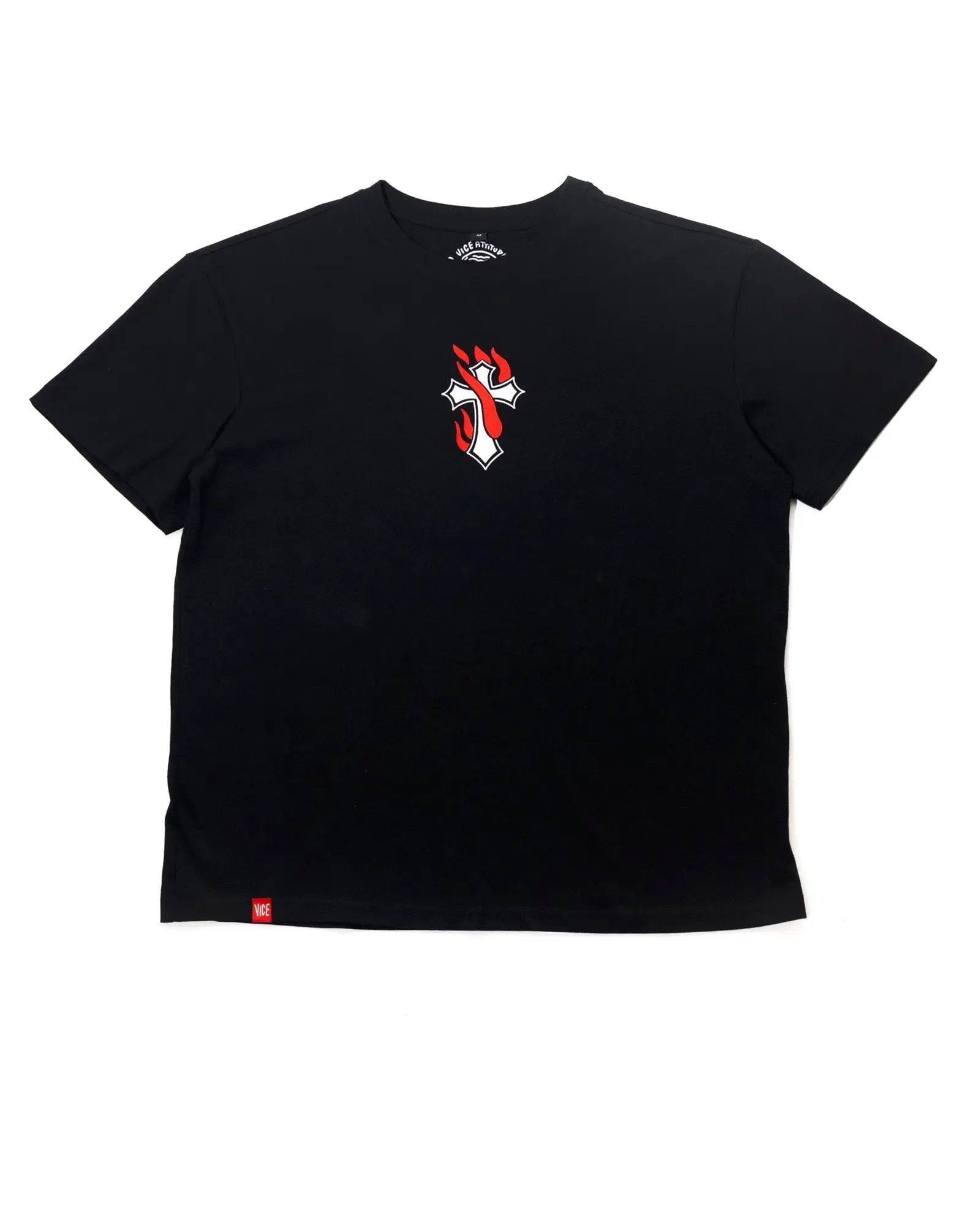 Black short-sleeved VICE ATTITUDE shirt with a red and white flaming cross graphic on the chest