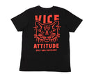 Black short-sleeved t-shirt with bold orange stylized cat face and vice attitude only bad decisions text on back