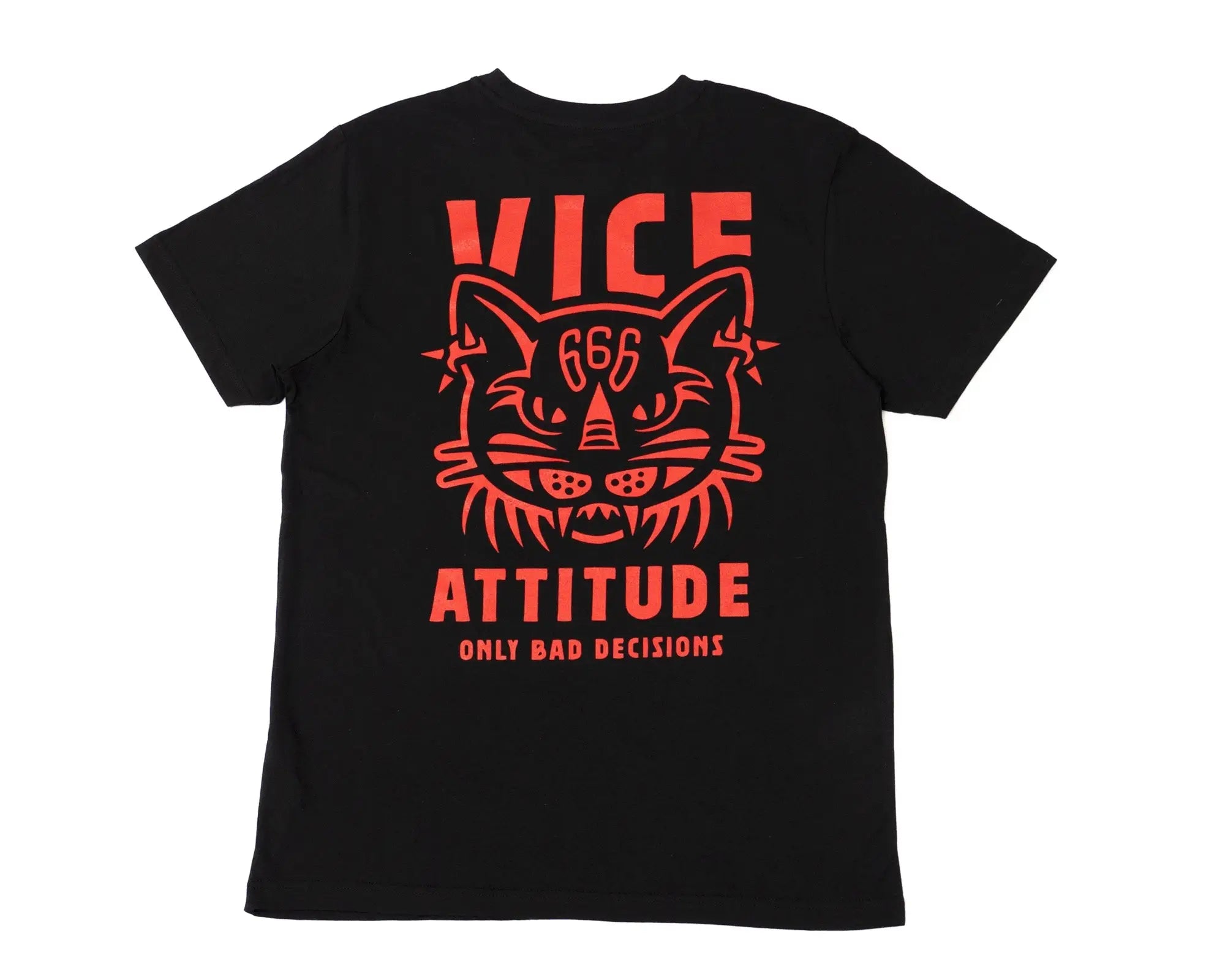 Black short-sleeved t-shirt with bold orange stylized cat face and vice attitude only bad decisions text on back