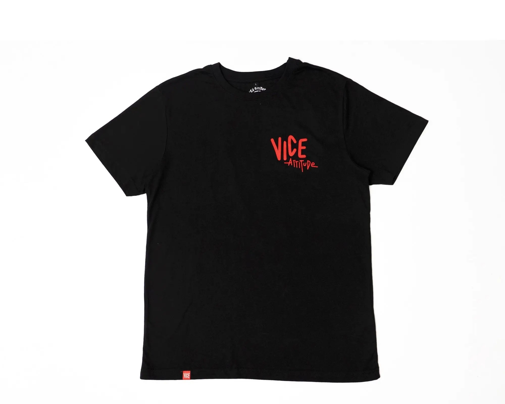 Black short-sleeved t-shirt with red vice attitude graffiti text on the chest from the gato 666 collection