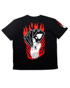 Black short-sleeved cotton shirt featuring a bold hand holding cards in red flames with vice printed below from vice attitude
