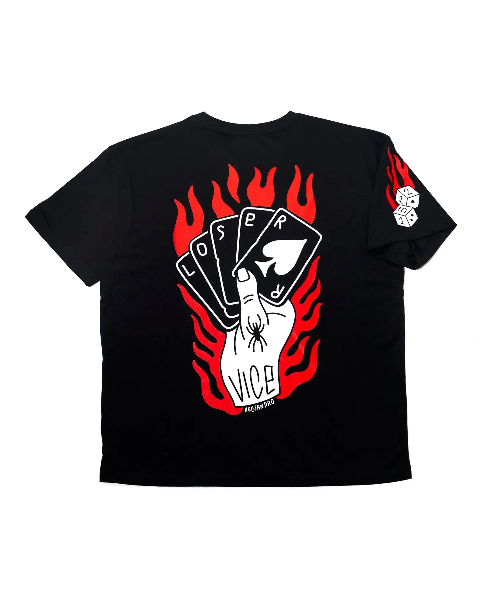 Black short-sleeved t-shirt with bold hand holding playing cards graphic red flames and vice printed below loser shirt