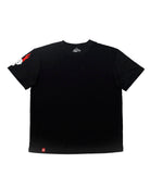 Black short-sleeved VICE ATTITUDE shirt with white and red graphic on the left sleeve for casual wear