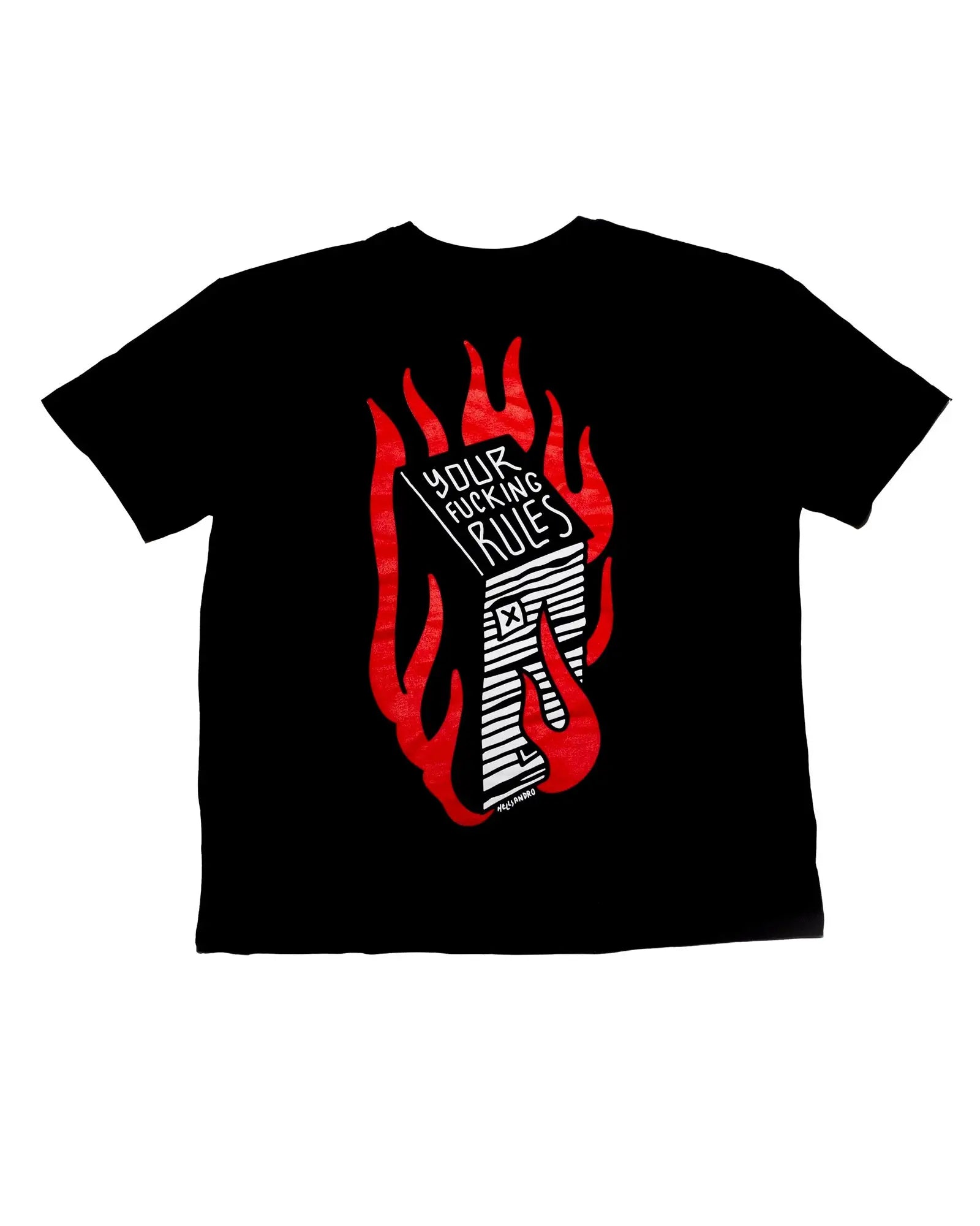 Black short-sleeved t-shirt with a bold graphic of a book in red flames and the text your fucking rules from vice attitude