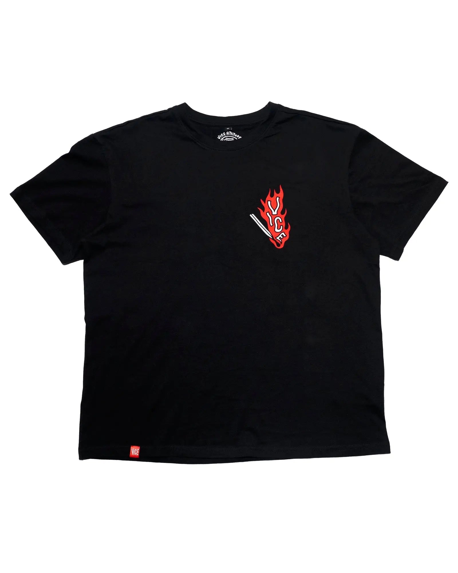 Black short-sleeved t-shirt with red flame ice graphic and white knife design from vice attitude no rules collection
