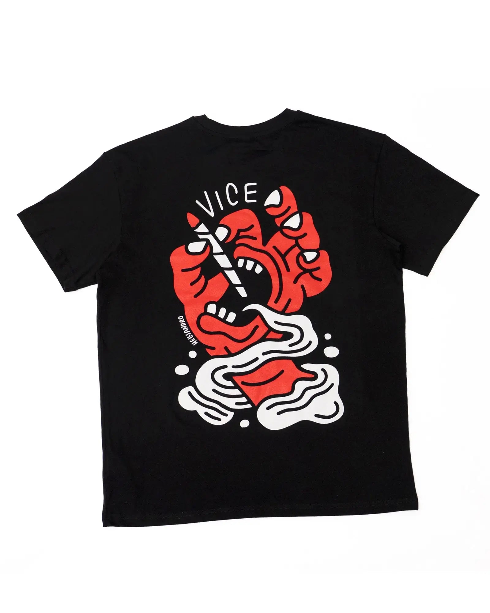 Black short-sleeved cotton t-shirt with bold red and white graphic hand holding cigarette and vice print above for weed fans