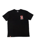 Black short-sleeved cotton t-shirt with red and white smiling face graphic and vice or pie text for weed enthusiasts