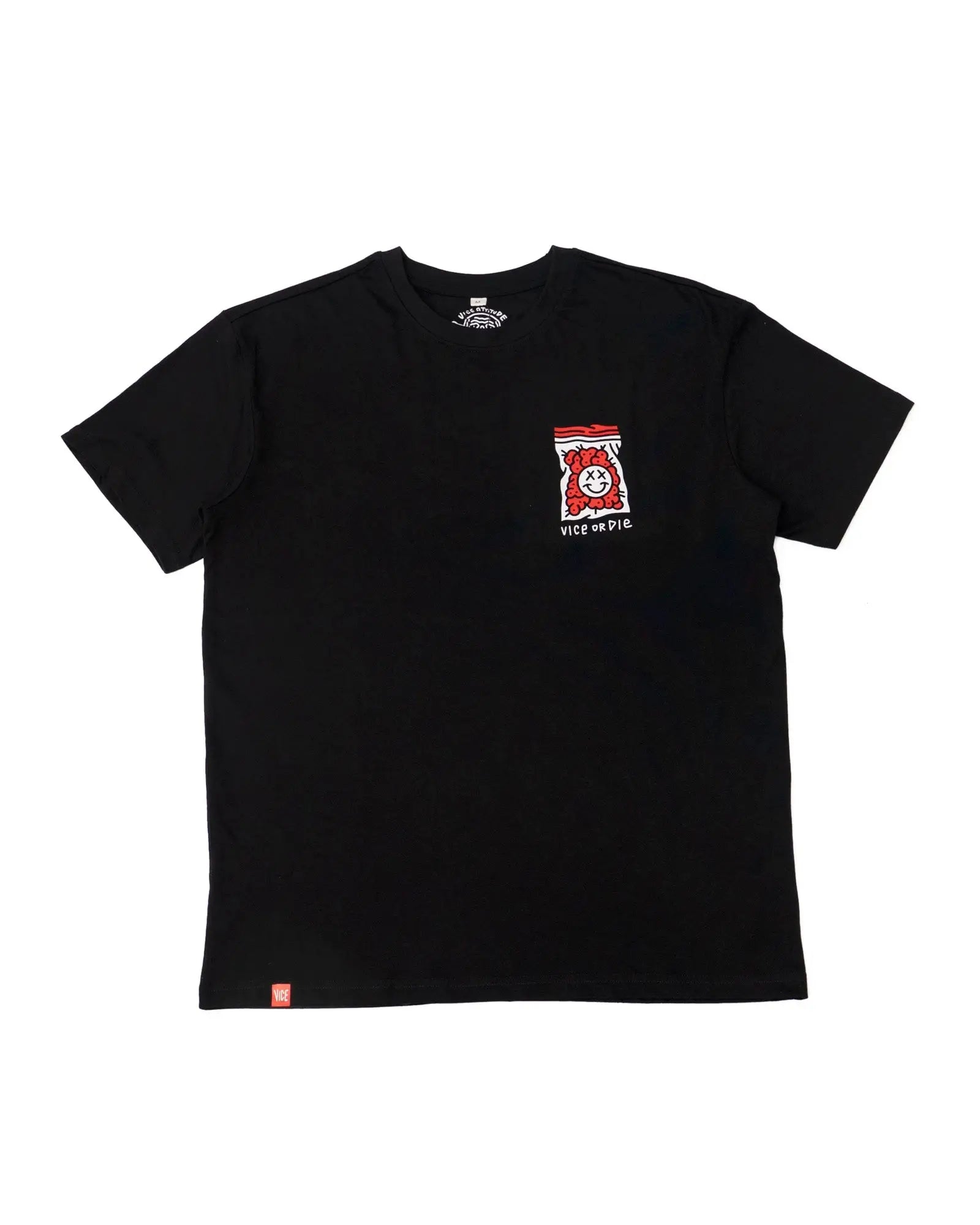 Black short-sleeved cotton t-shirt with red and white smiling face graphic and vice or pie text for weed enthusiasts