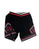 Black vice attitude jordan athletic shorts with red and white trim and embroidered cat logos on the sides