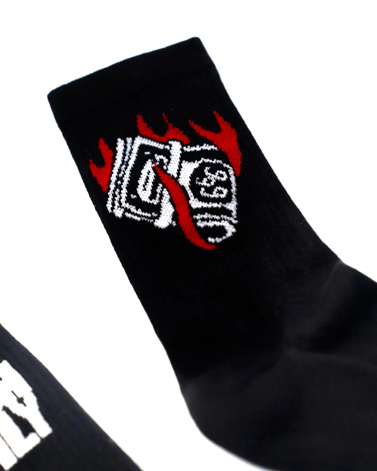 Black vice attitude sock with white and red embroidered burning cash graphic for casual streetwear use