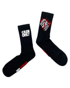 Black socks vice attitude with white and red cash only text and flaming cash bill graphic design