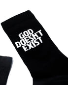 Black vice attitude crew sock with white embroidered god doesnt exist text in no religion design