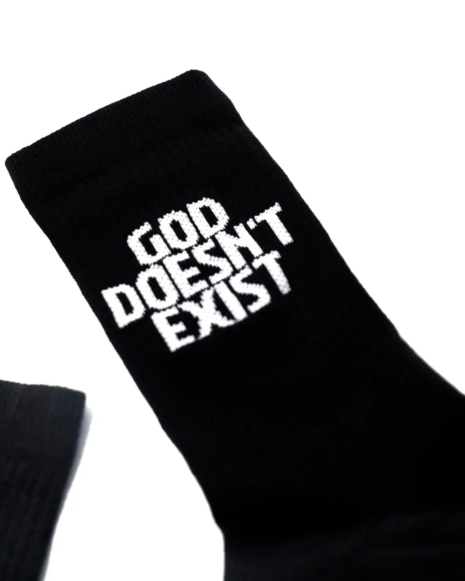 Black vice attitude crew sock with white embroidered god doesnt exist text in no religion design