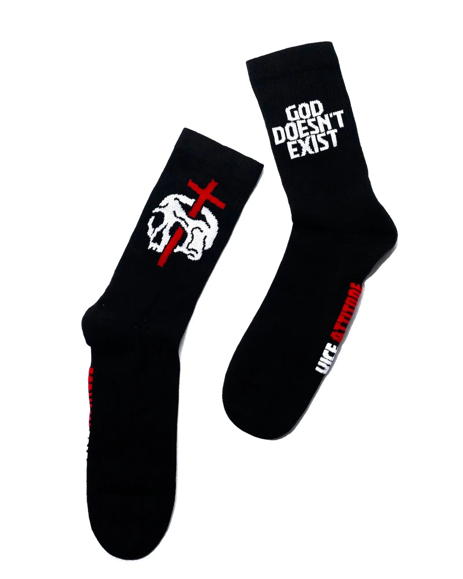 Black crew socks vice attitude with white skull red cross and god doesn t exist text for no religion look
