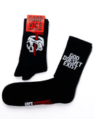 Vice attitude black socks with white and red skull graphic and bold god doesnt exist text no religion design