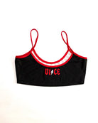 Black cropped sports bra with red and white trim and embroidered vice logo in red from vice attitude top AC/DC collection
