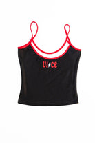 Black cropped tank top with red and white trim and vice embroidered in red with lightning bolt design by AC/DC