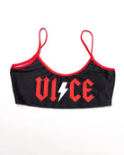 Black satin cropped top with red trim and bold vice logo featuring a white lightning bolt from VICE ATTITUDE AC/DC