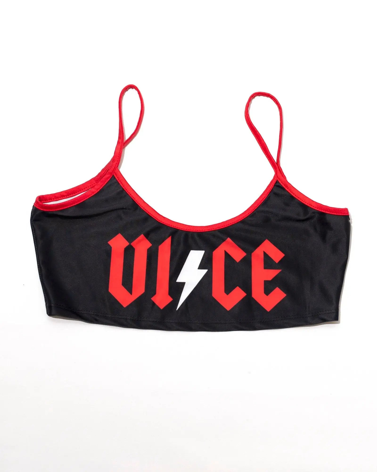Black satin cropped top with red trim and bold vice logo featuring a white lightning bolt from VICE ATTITUDE AC/DC