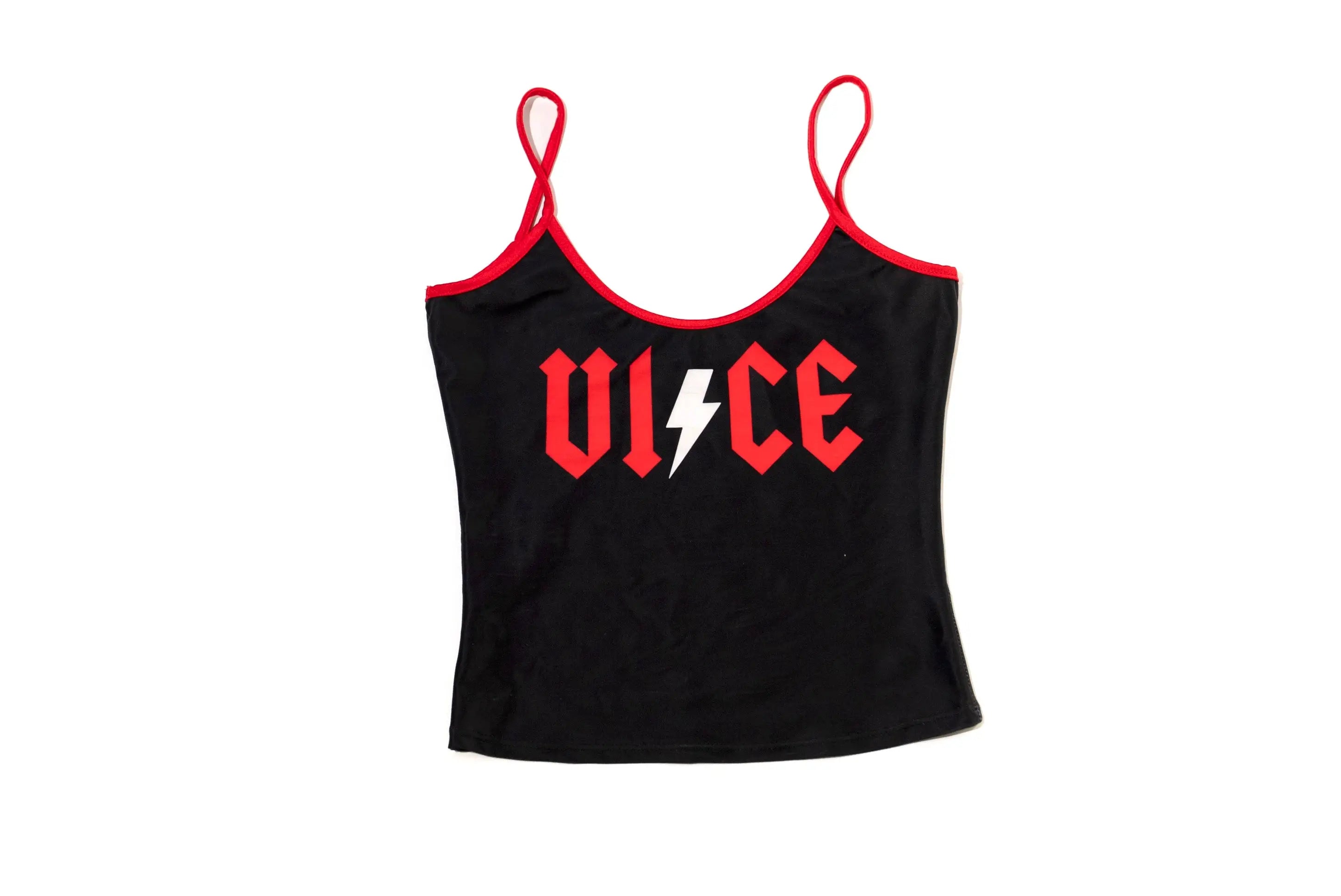 Black spaghetti strap tank top with red trim and vice logo featuring a white lightning bolt in acdc style