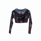 Black long-sleeved crop hoodie with transparent devil face pattern in red and white from vice attitude collection