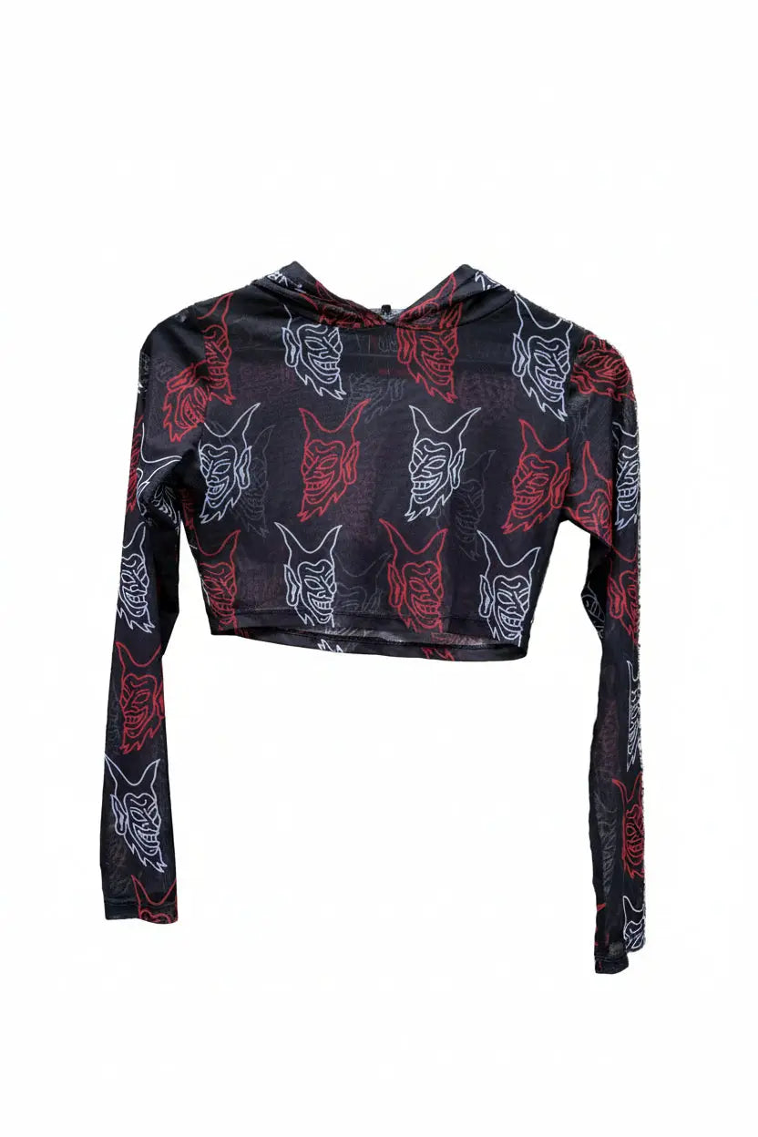 Black long-sleeved crop hoodie top with transparent devil faces pattern from VICE ATTITUDE collection