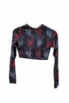 Black long-sleeved crop hoodie top with transparent devil faces pattern from VICE ATTITUDE collection