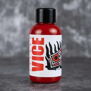 Red plastic bottle with black cap and white label featuring bold red vice text and stylized eye graphic for vice criminal red
