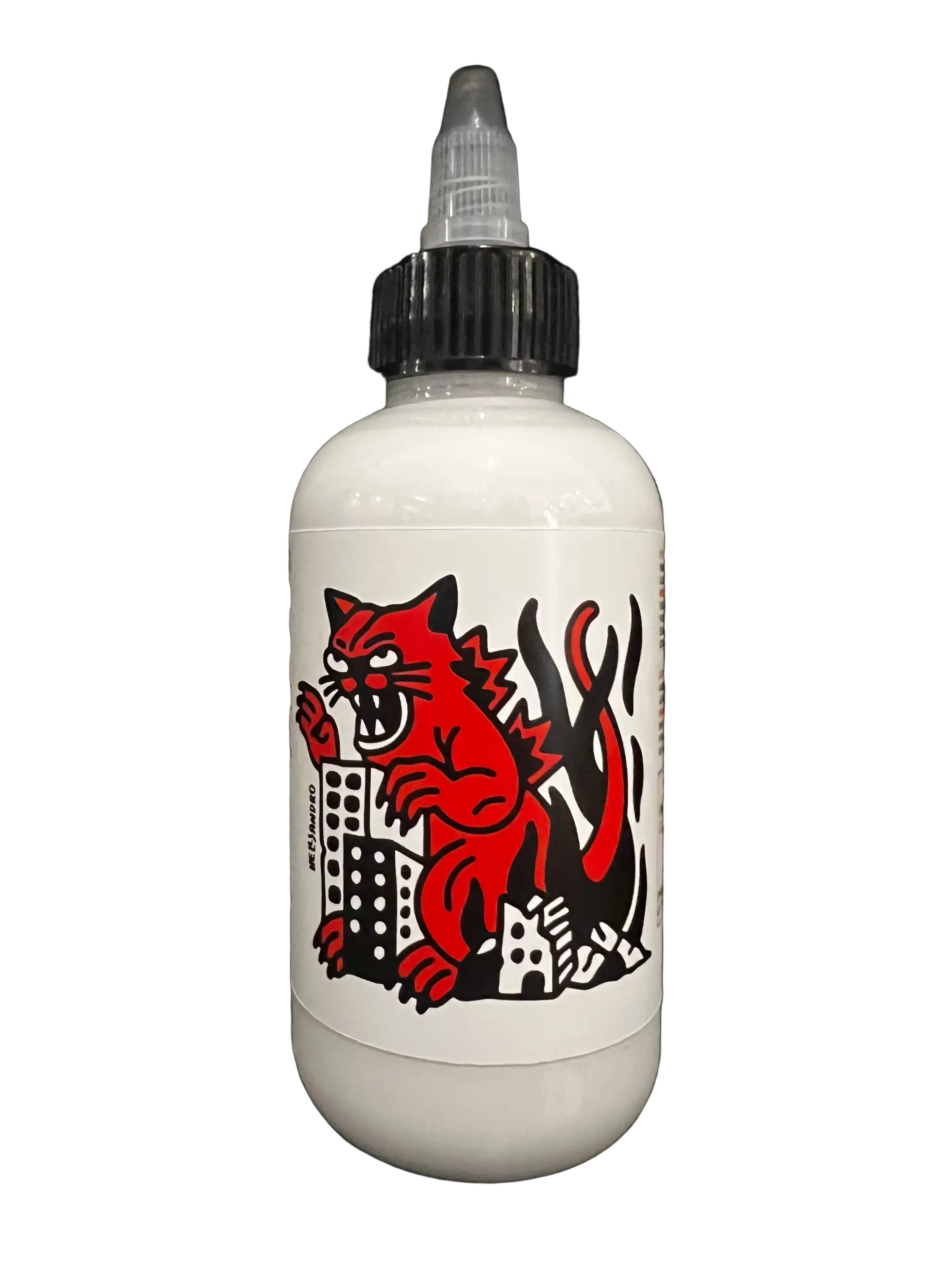 White bottle with black cap and red cartoon cat label for VICE El Gato Patron product packaging