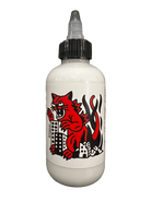 White bottle with black cap and red cartoon cat label for VICE El Gato Patron product packaging