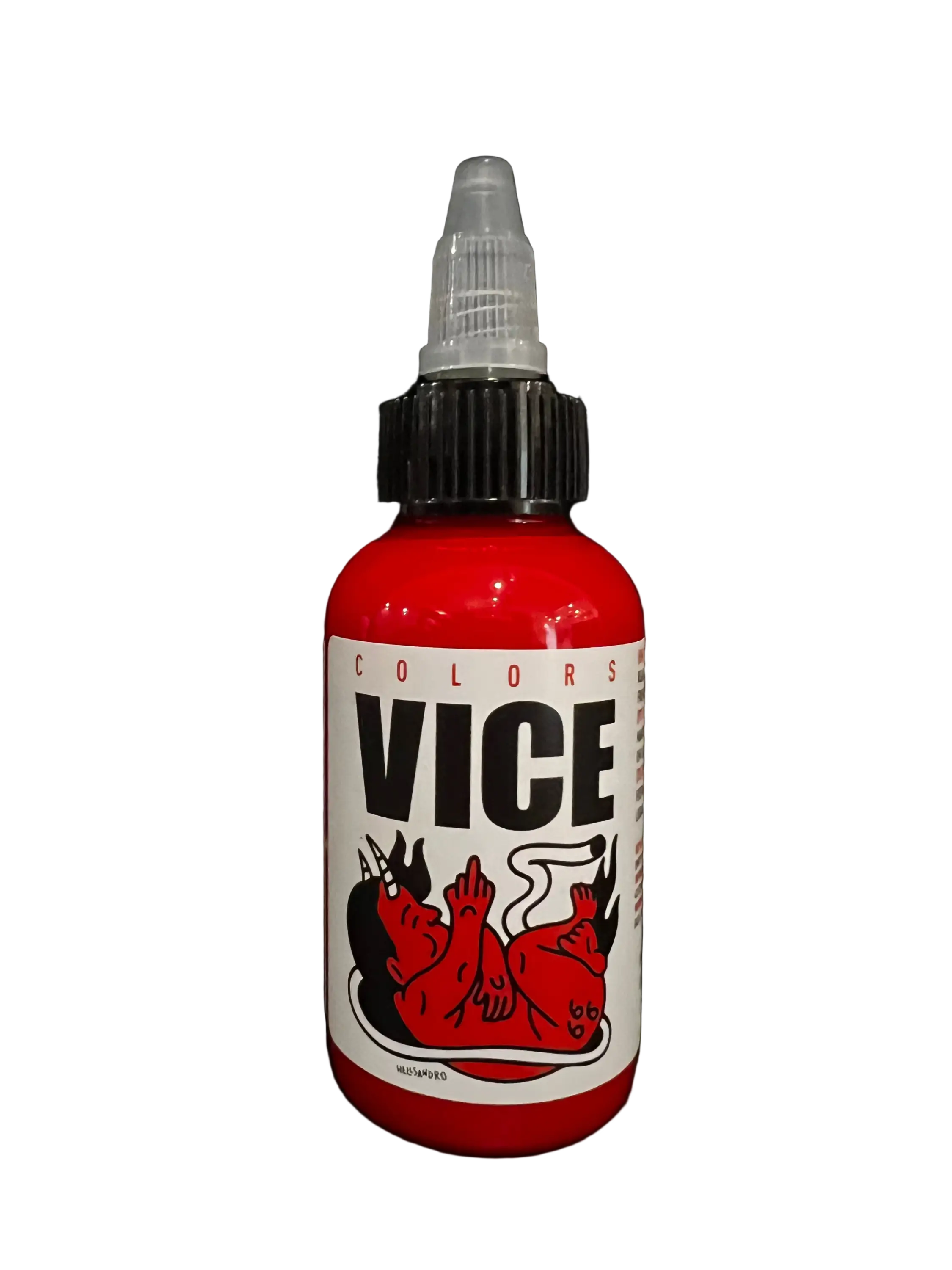 A vibrant red ink bottle with black cap and clear dropper labeled vice colors featuring a stylized devil for vice first blood