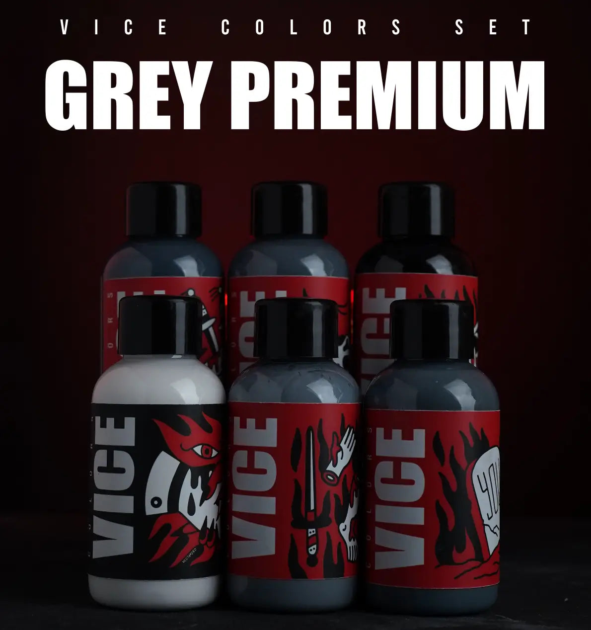 Grey premium ink bottles from vice colors set with bold red and black labels featuring graphic designs in 6x50ml pack