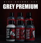Grey premium ink bottles from vice colors set with bold red and black labels featuring graphic designs in 6x50ml pack