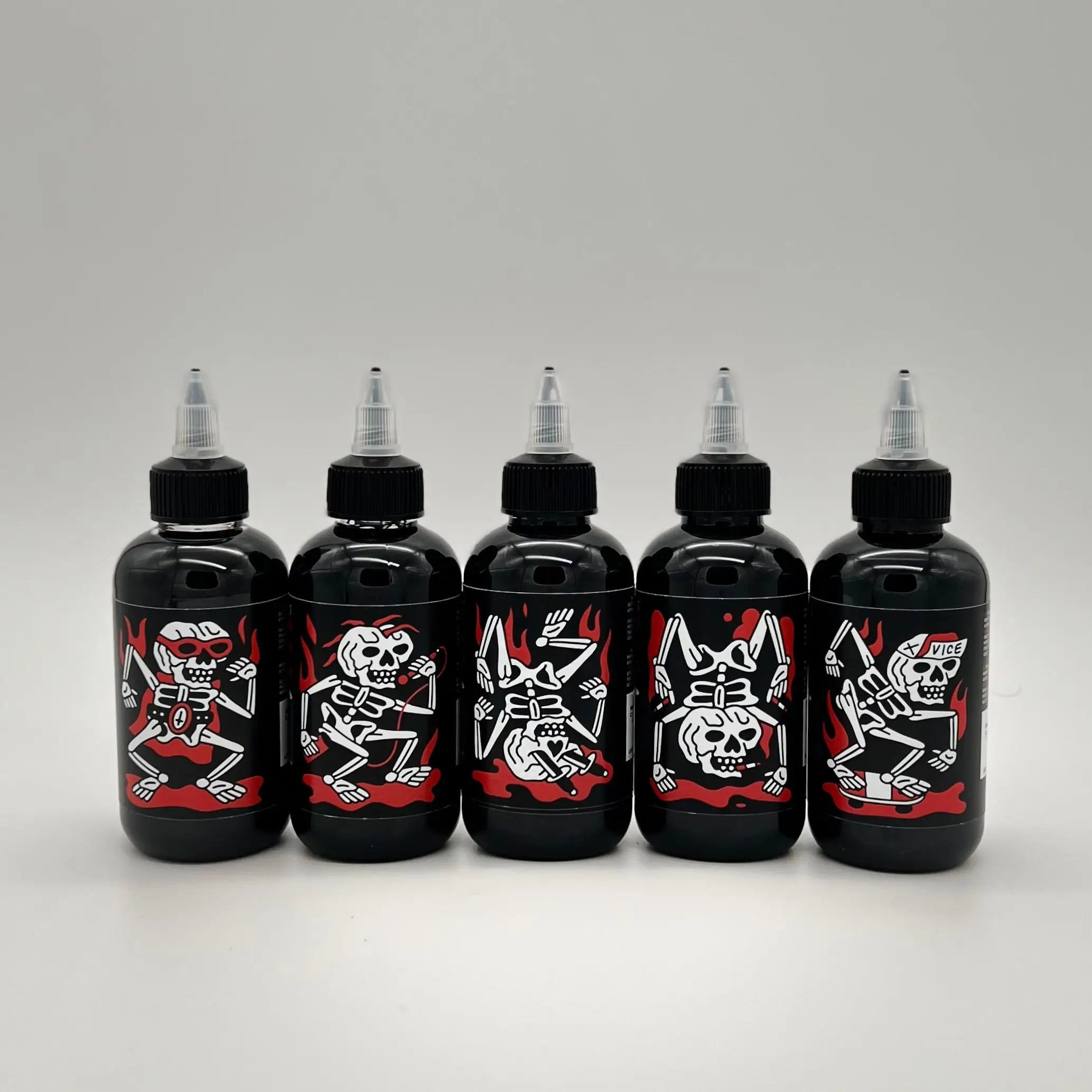 Vice greywash set of five black ink bottles with red and white skeleton labels and clear plastic caps for printing